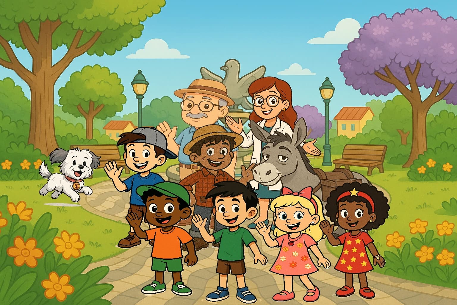 A Turma do Sansão reunida, sorrindo em um cenário alegre